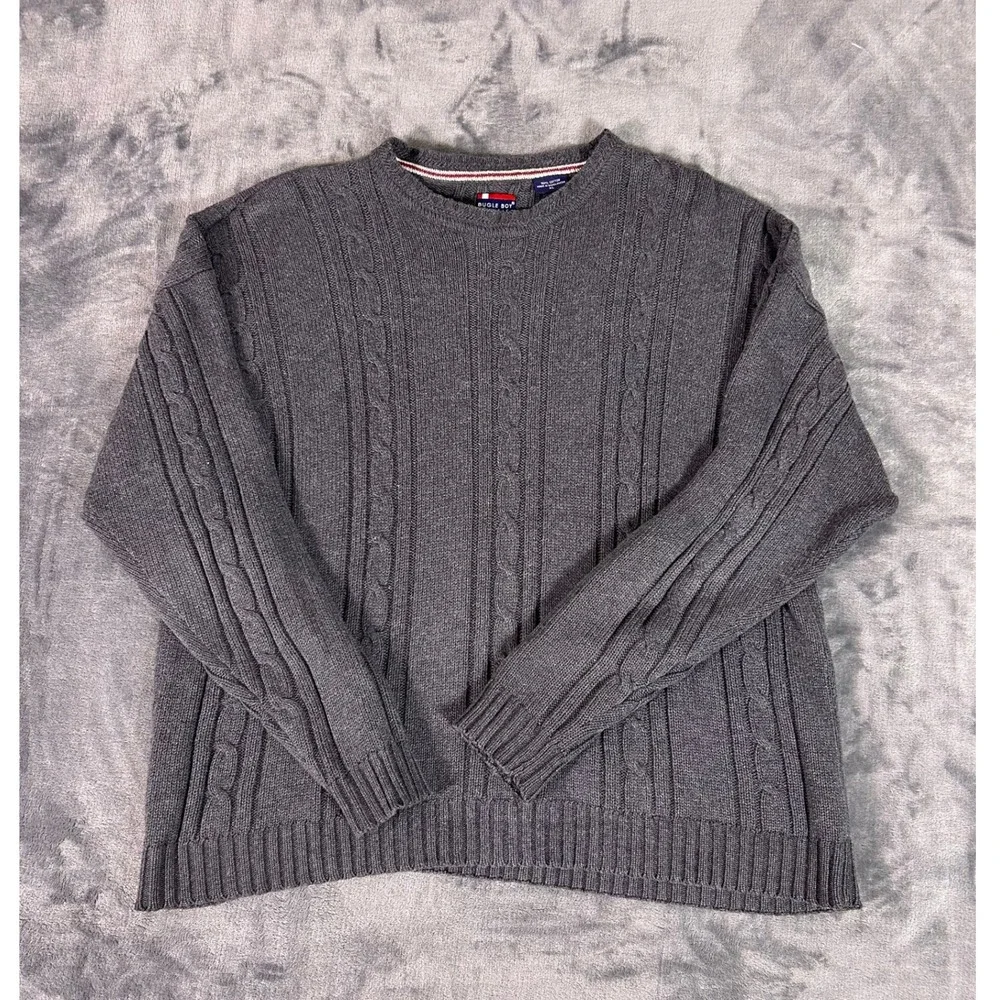 Vintage Bugle Boy Classics‎ Men Gray Cable Knit Fisherman Sweater Pullover XL